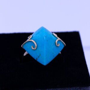 Lg 14K Yellow Gold Turquoise Point Cut Solitaire Statement Cocktail Ring S7 5g